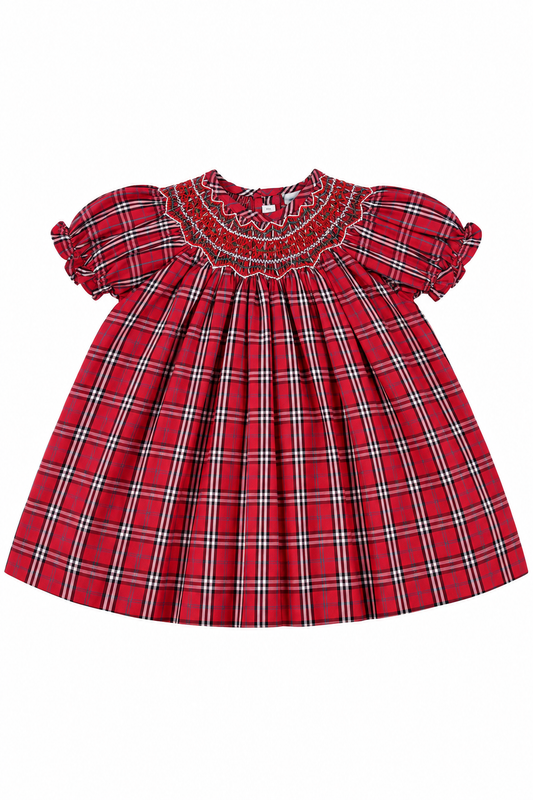 Carriage Boutique red and white plaid cotton baby girl bishop dress with hand-smocked chest and short puff sleeves.