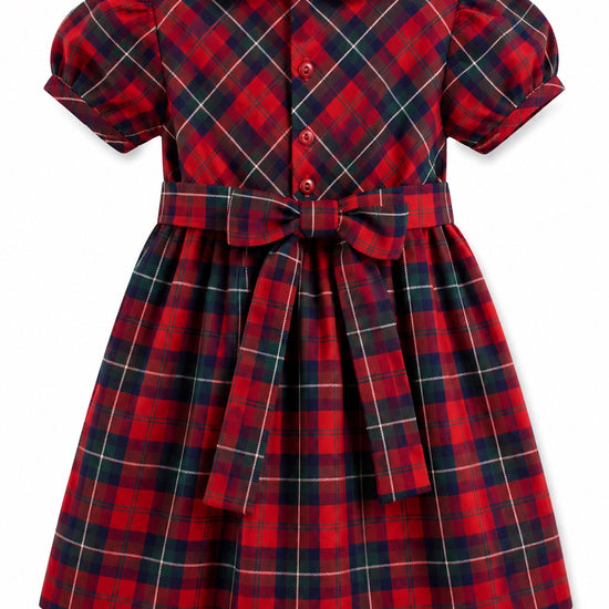 Carriage Boutique toddler girl dress in red and green plaid with a white Peter Pan collar and back bow detail