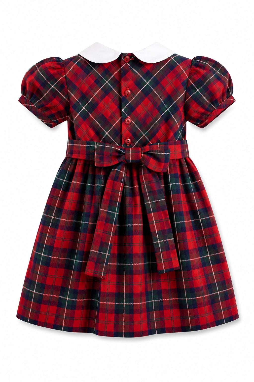 Carriage Boutique toddler girl dress in red and green plaid with a white Peter Pan collar and back bow detail