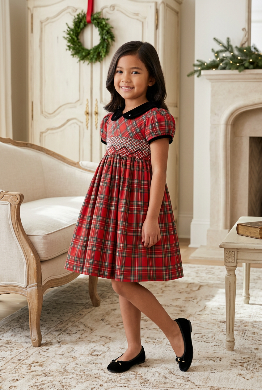 Carriage Boutique toddler girl wearing a red plaid cotton party dress with a black velvet collar and smocked yoke.