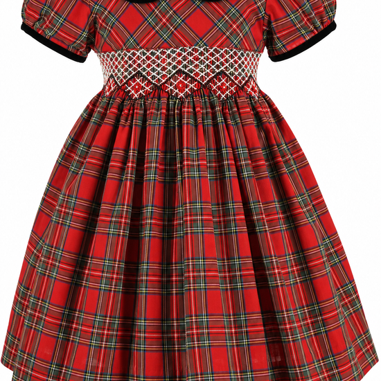 Carriage Boutique toddler girls red plaid cotton party dress with short puff sleeves, velvet collar, and smocked yoke.
