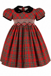 Carriage Boutique toddler girls red plaid cotton party dress with short puff sleeves, velvet collar, and smocked yoke.