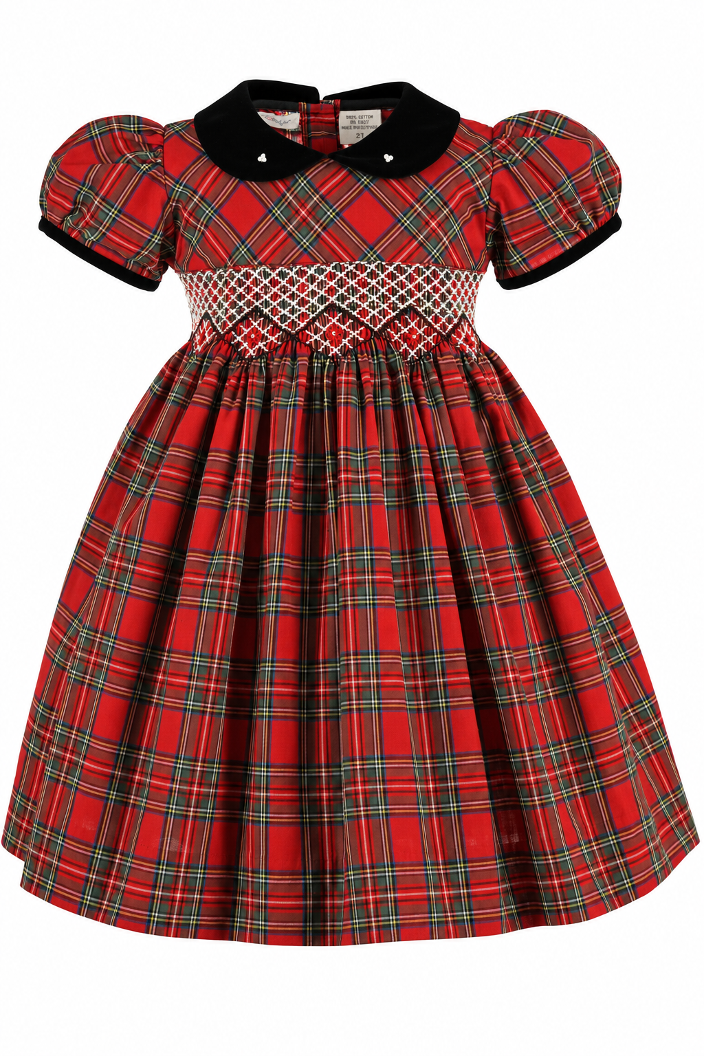 Carriage Boutique toddler girls red plaid cotton party dress with short puff sleeves, velvet collar, and smocked yoke.