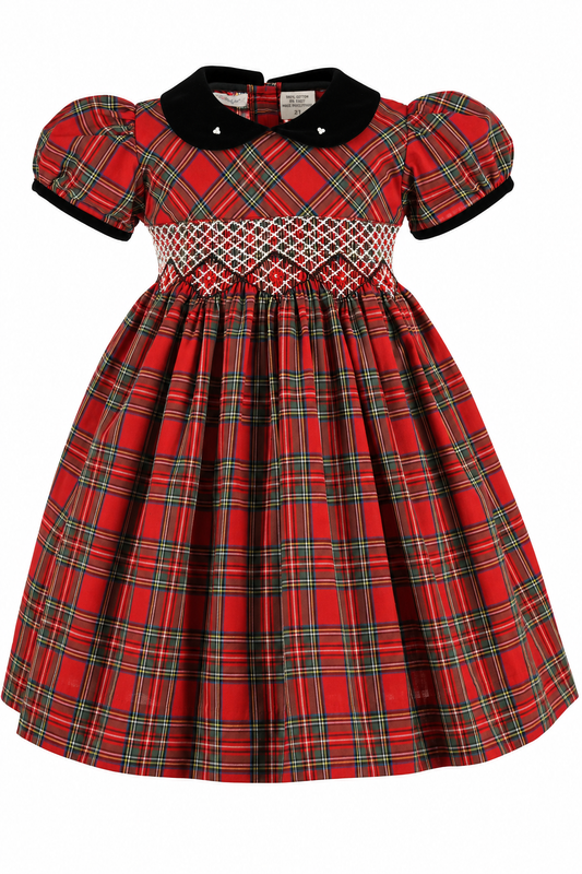 Carriage Boutique toddler girls red plaid cotton party dress with short puff sleeves, velvet collar, and smocked yoke.
