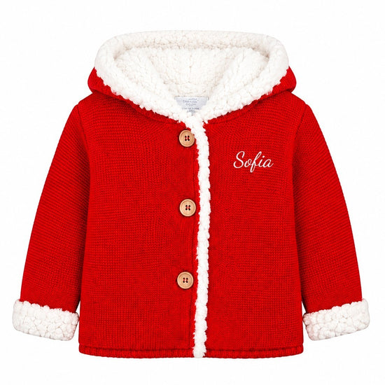 Carriage Boutique red knit cotton baby jacket with white sherpa lining, hood, and three front buttons.