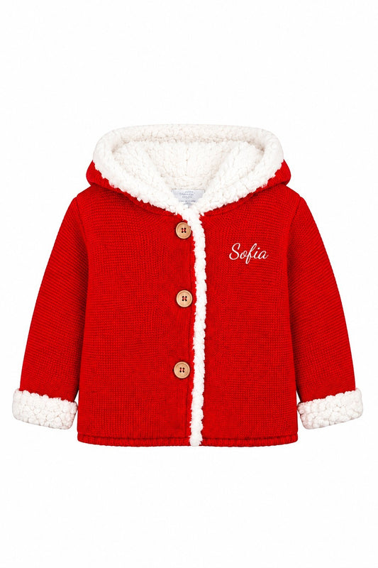 Carriage Boutique red knit cotton baby jacket with white sherpa lining, hood, and three front buttons.