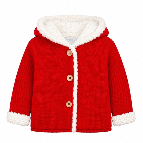 Carriage Boutique red knit cotton baby jacket with white sherpa lining, hood, and three front wooden buttons.