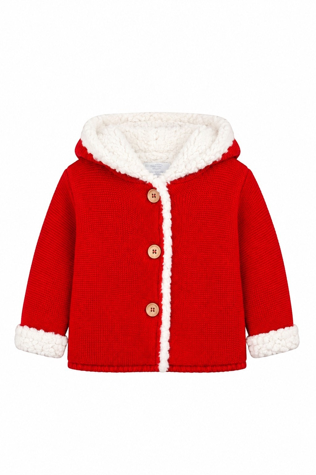 Carriage Boutique red knit cotton baby jacket with white sherpa lining, hood, and three front wooden buttons.