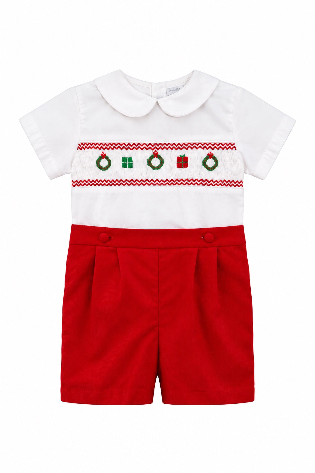 Carriage Boutique red and white cotton bobby suit featuring hand-smocked Christmas motifs and a Peter Pan collar.