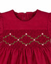 Carriage Boutique red baby girl dress with smocked floral embroidery, round neck, and puffy short sleeves