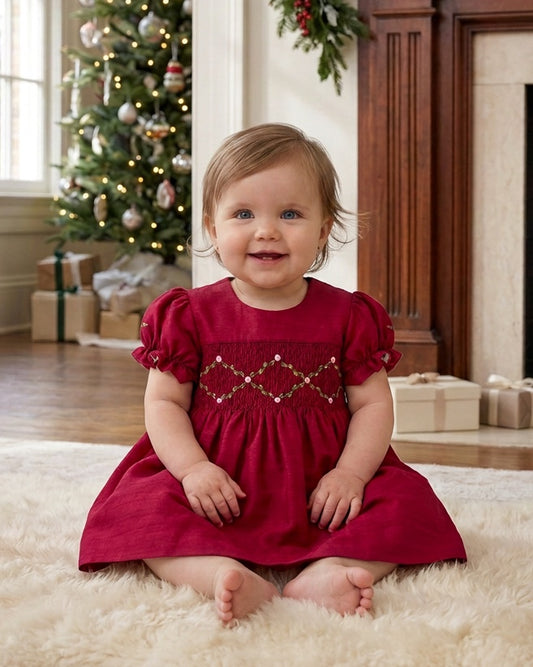 Carriage Boutique red silk baby dress with smocked floral detail and puffy sleeves worn by a toddler in a home setting
