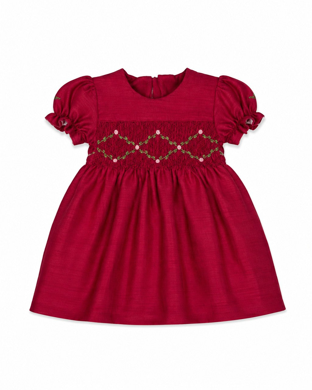 Carriage Boutique red baby girl dress with smocked floral embroidery, puffy sleeves, and a round neck in poly silk.