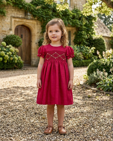Carriage Boutique toddler girl red silk dress with smocked floral chest detail and puffy short sleeves