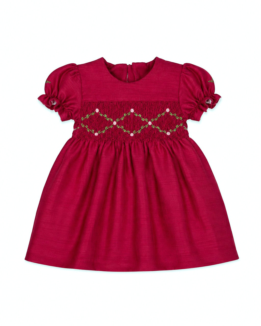 Carriage Boutique red silk baby girl dress with smocked floral embroidery, puffy sleeves, and a round neck.