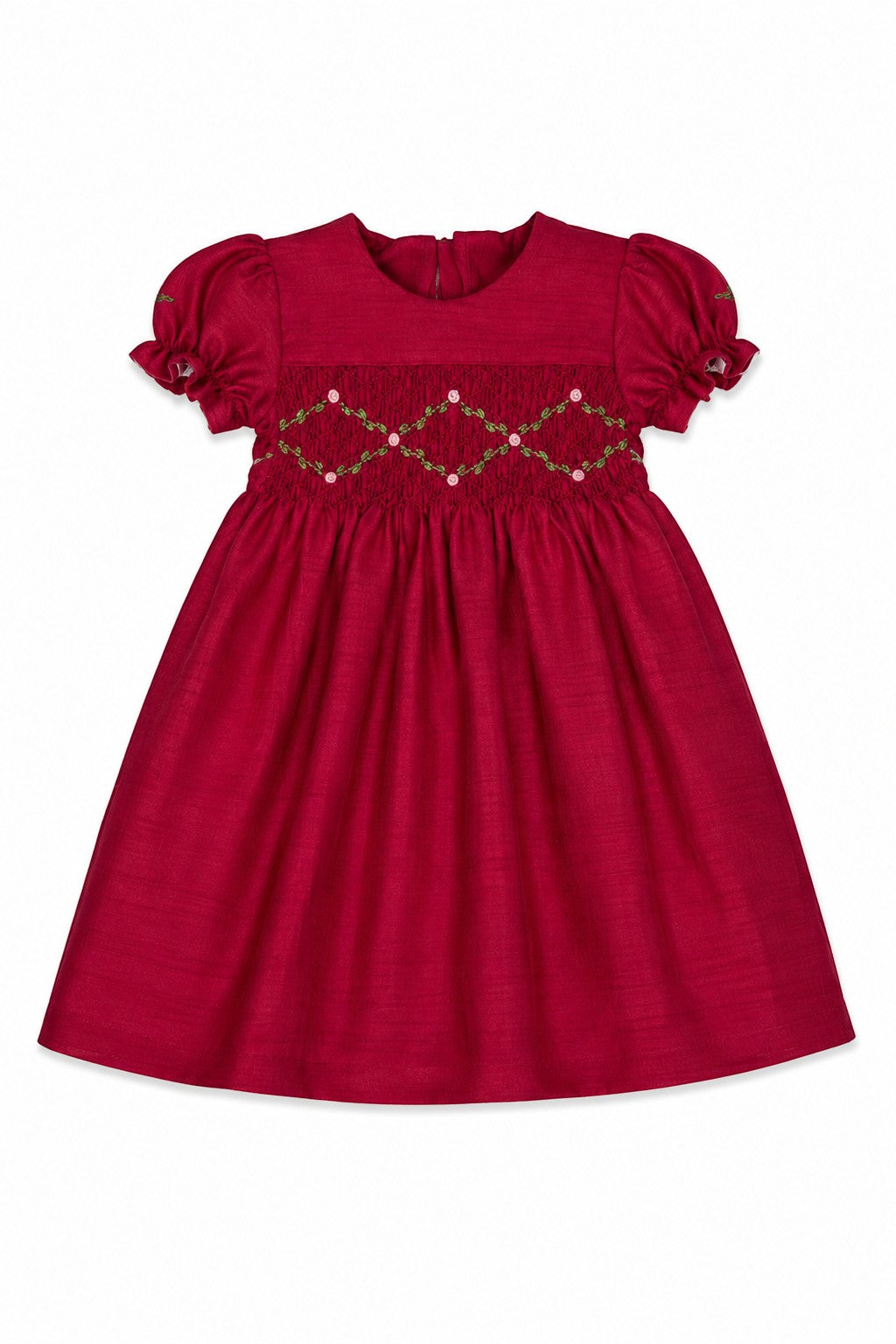 Carriage Boutique red toddler girl dress with smocked floral embroidery, puffy sleeves, and a round neck.