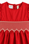Carriage Boutique red cotton toddler dress featuring intricate white smocked diamond detailing and pearl bead accents.