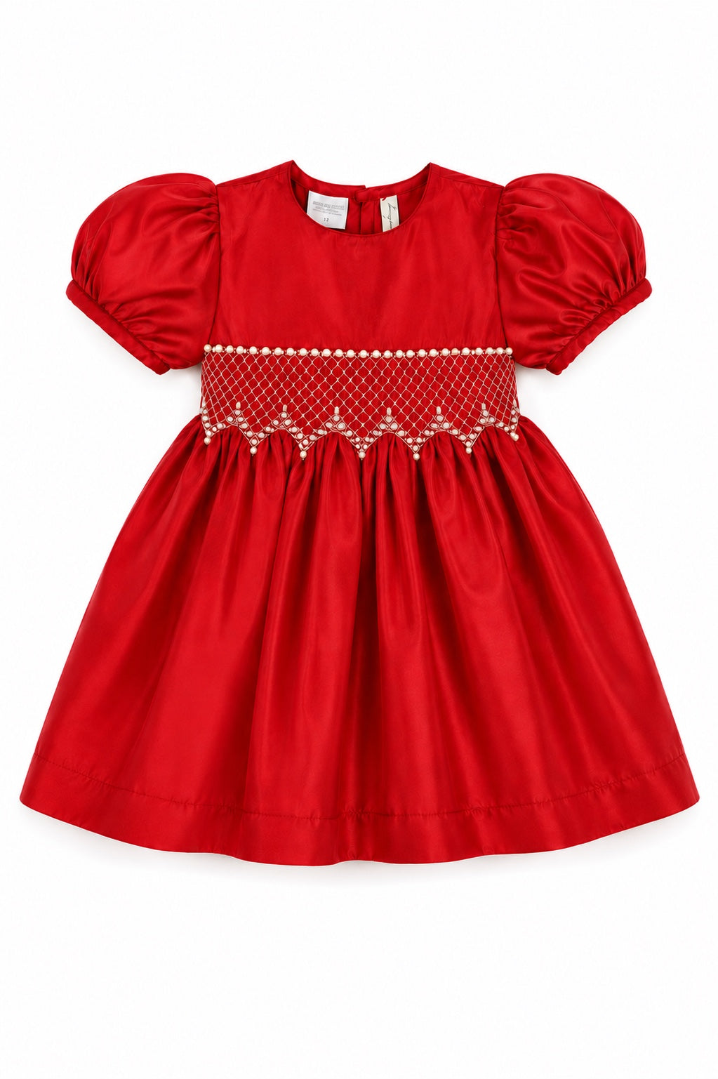 Carriage Boutique red taffeta baby dress with puffed sleeves, smocked diamond detailing, and white bead accents.