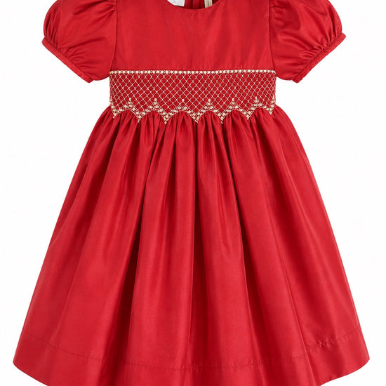 Carriage Boutique red taffeta toddler dress with puffed sleeves, smocked diamond detailing, and white bead accents.