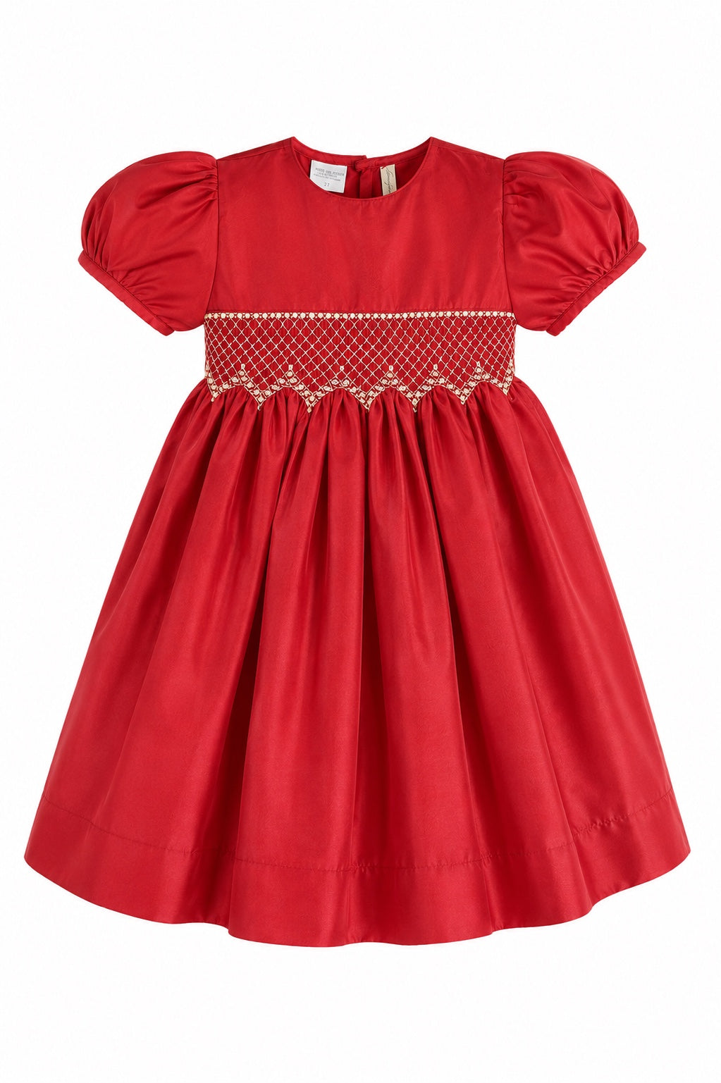 Carriage Boutique red taffeta toddler dress with puffed sleeves, smocked diamond detailing, and white bead accents.