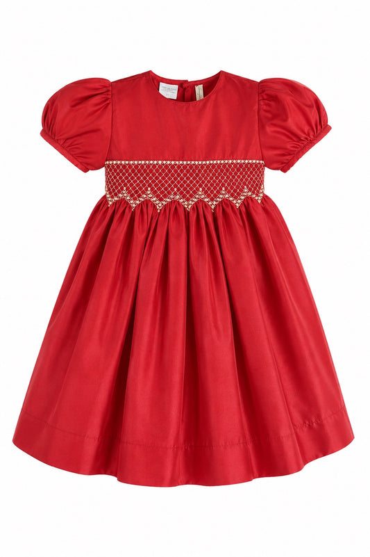 Carriage Boutique red taffeta toddler dress with puffed sleeves, smocked diamond detailing, and white bead accents.