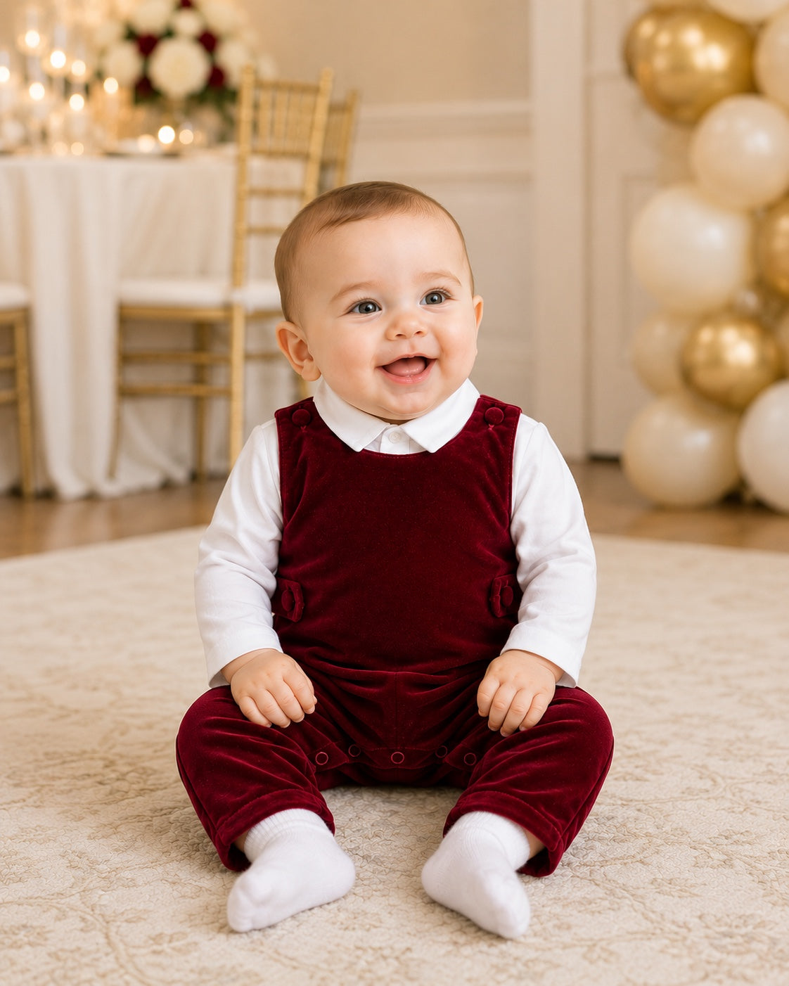 Carriage Boutique baby boy wearing a red velvet long romper over a white shirt, sitting on a rug at a party.