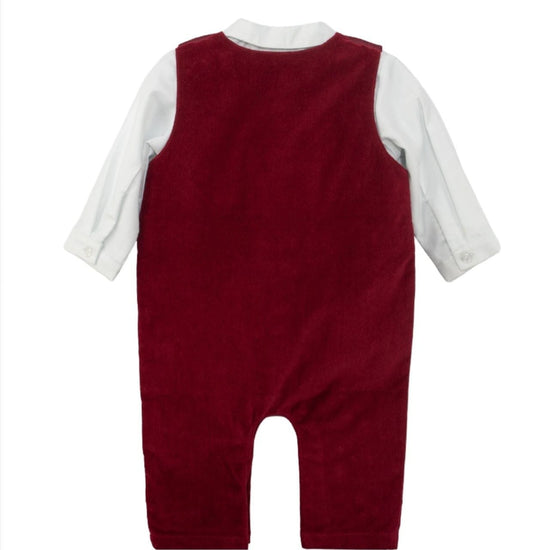 Carriage Boutique baby boy red velvet long romper with white shirt, featuring a classic design and snap closure.