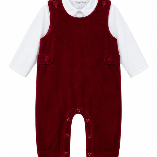 Carriage Boutique baby boy red velvet long romper with a white shirt featuring snap closures and button details.