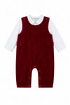 Carriage Boutique baby boy red velvet long romper with a white shirt featuring snap closures and button details.