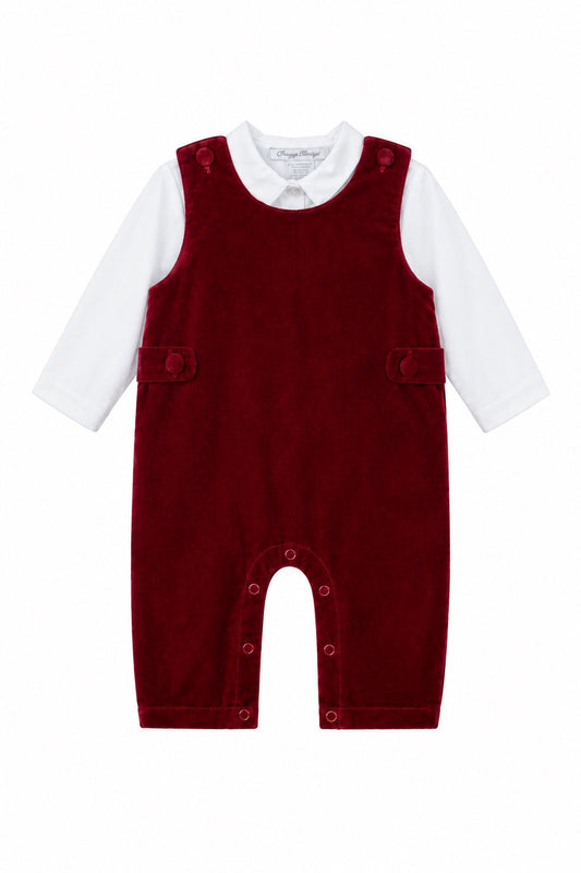 Carriage Boutique baby boy red velvet long romper with a white shirt featuring snap closures and button details.
