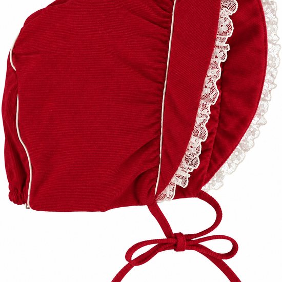 Carriage Boutique red velvet baby bonnet with delicate white lace trim and adjustable tie closure