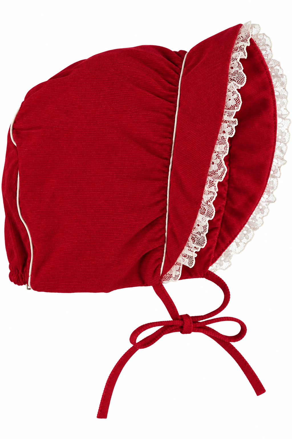 Carriage Boutique red velvet baby bonnet with delicate white lace trim and adjustable tie closure
