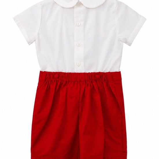 Carriage Boutique red corduroy and white cotton bobby suit with a Peter Pan collar and back button closure