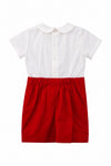 Carriage Boutique red corduroy and white cotton bobby suit with a Peter Pan collar and back button closure
