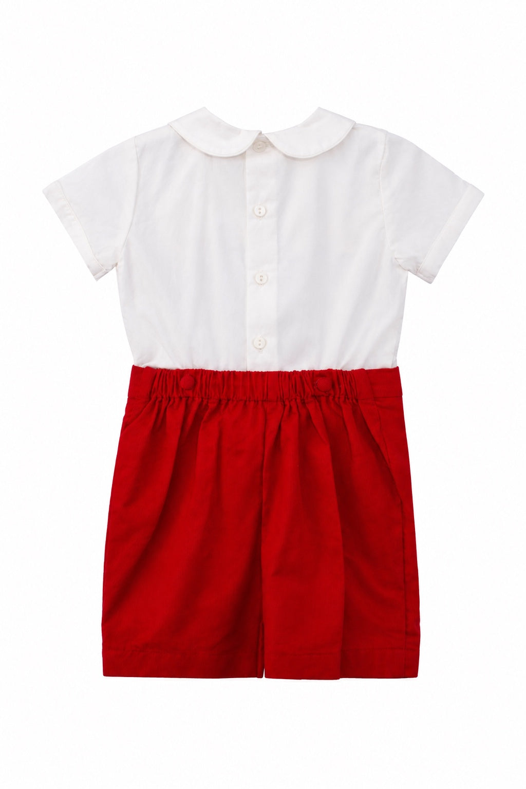 Carriage Boutique red corduroy and white cotton bobby suit with a Peter Pan collar and back button closure