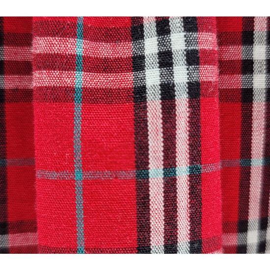 Carriage Boutique red and white plaid cotton fabric with black and teal accents for a baby girl bishop dress