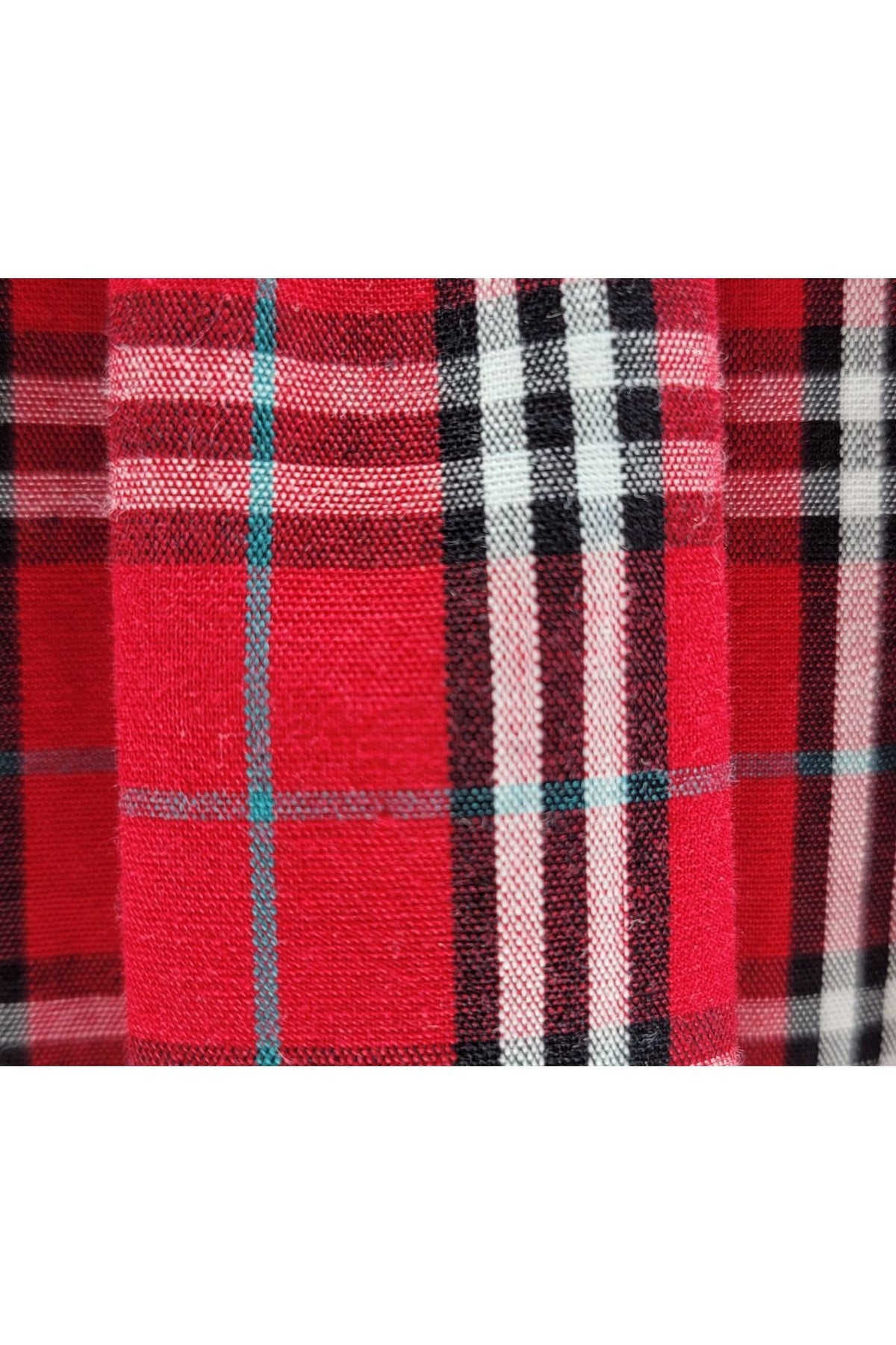 Carriage Boutique red and white plaid cotton fabric with black and teal accents for a baby girl bishop dress