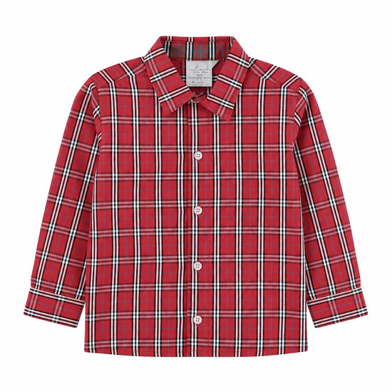 Carriage Boutique red and white plaid long sleeve cotton shirt for baby and toddler boys with a classic collar