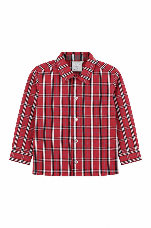 Carriage Boutique red and white plaid long sleeve cotton shirt for baby and toddler boys with a classic collar