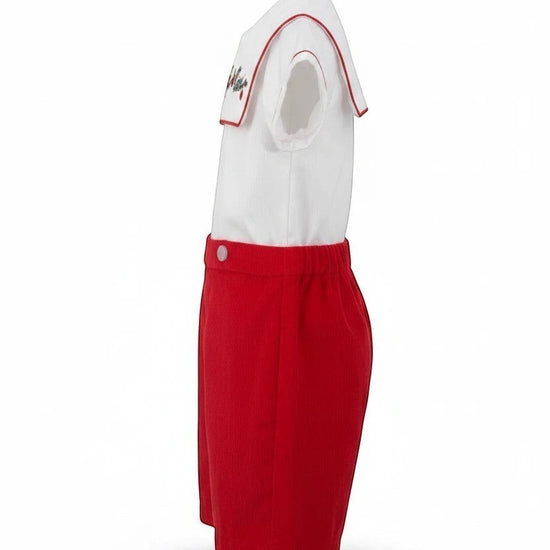 Carriage Boutique red corduroy shorts and white cotton sailor collar shirt with wooden soldier embroidery for infants and toddlers.
