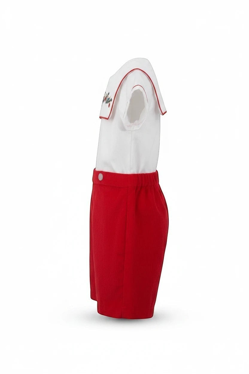Carriage Boutique red corduroy shorts and white cotton sailor collar shirt with wooden soldier embroidery for infants and toddlers.