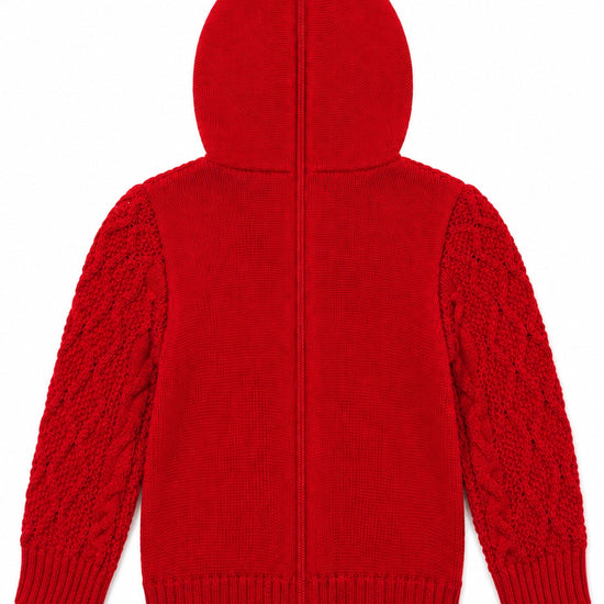 Carriage Boutique red cable knit hooded sweater with a functional back zipper, shown from the back view.