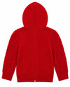 Carriage Boutique red cable knit hooded sweater with a functional back zipper, shown from the back view.
