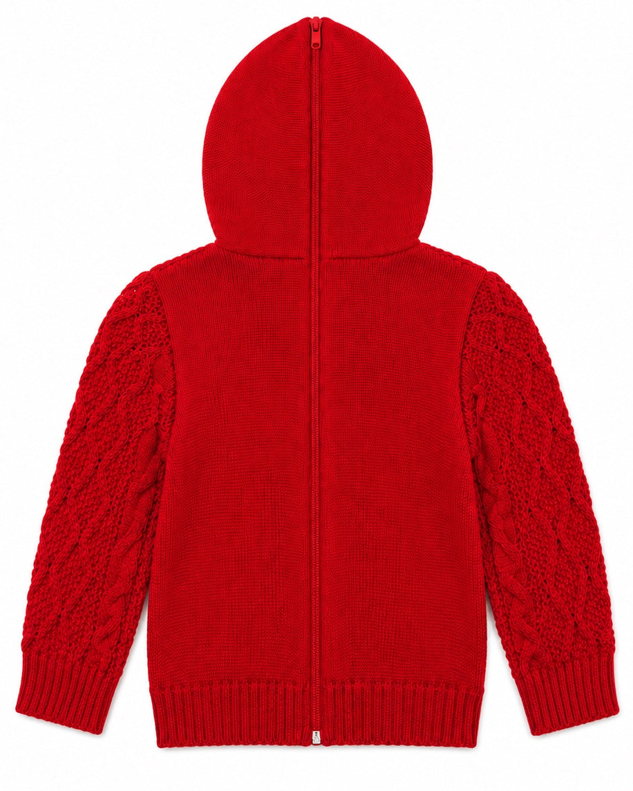 Carriage Boutique red cable knit hooded sweater with a functional back zipper, shown from the back view.