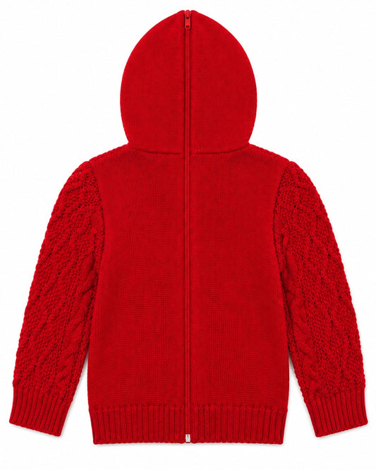 Carriage Boutique red cable knit hooded sweater with a functional back zipper, shown from the back view.