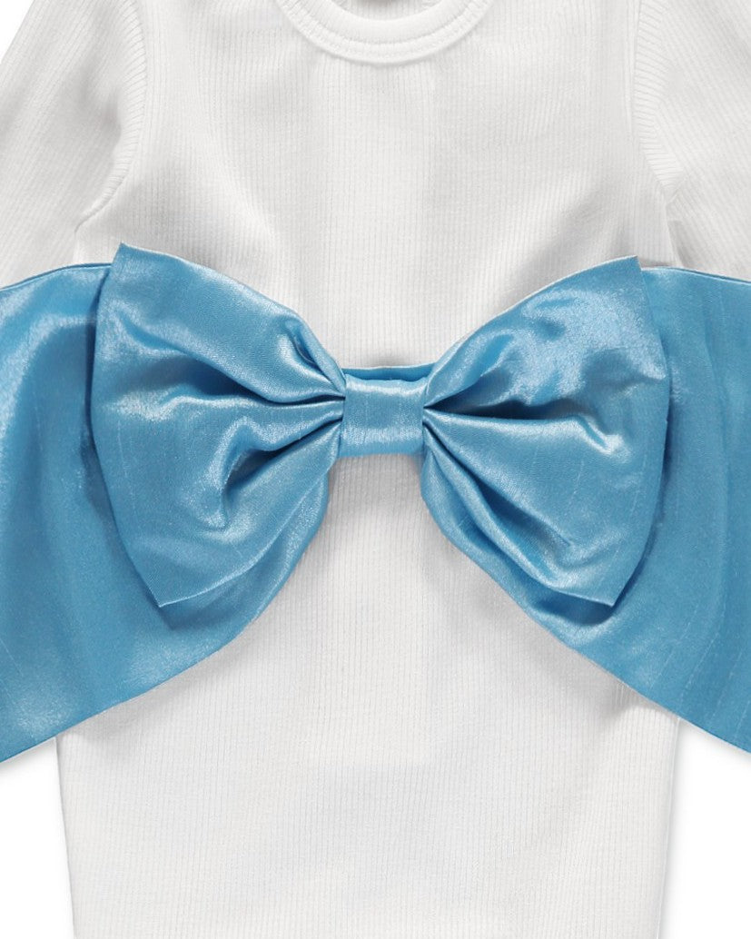 Carriage Boutique white ribbed newborn sleep sack featuring a large, elegant shimmering blue satin decorative bow.