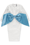 Carriage Boutique white ribbed newborn sleep sack featuring a large, shimmering blue satin bow on the front.