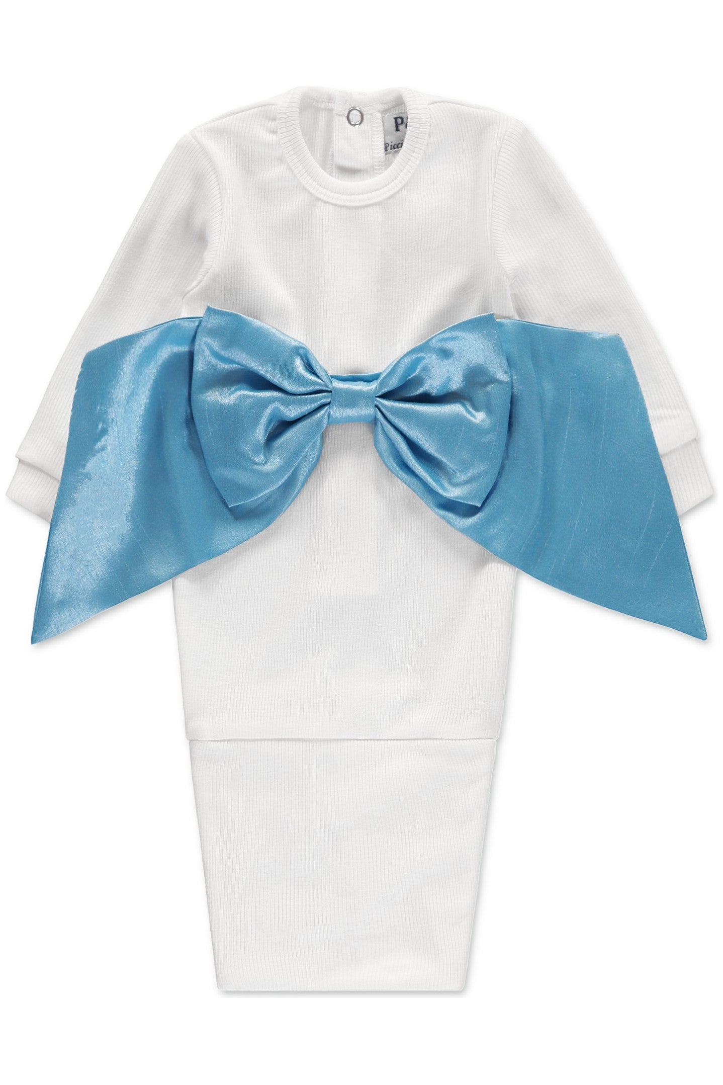 Carriage Boutique white ribbed newborn sleep sack featuring a large, shimmering blue satin bow on the front.