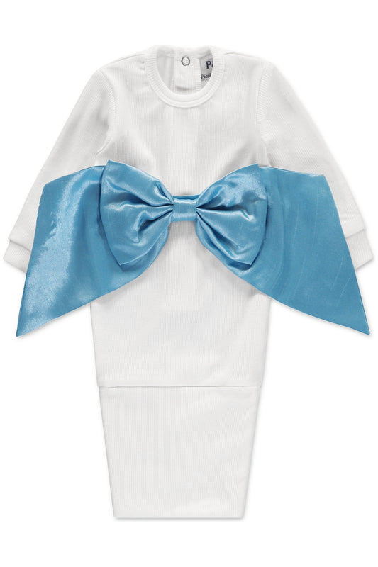 Carriage Boutique white ribbed newborn sleep sack featuring a large, shimmering blue satin bow on the front.