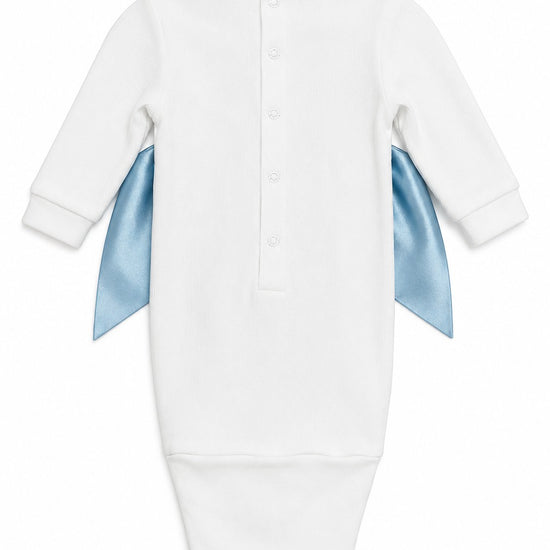 Carriage Boutique white ribbed newborn sleep sack with a shimmering blue satin bow on the back and snap button closure.