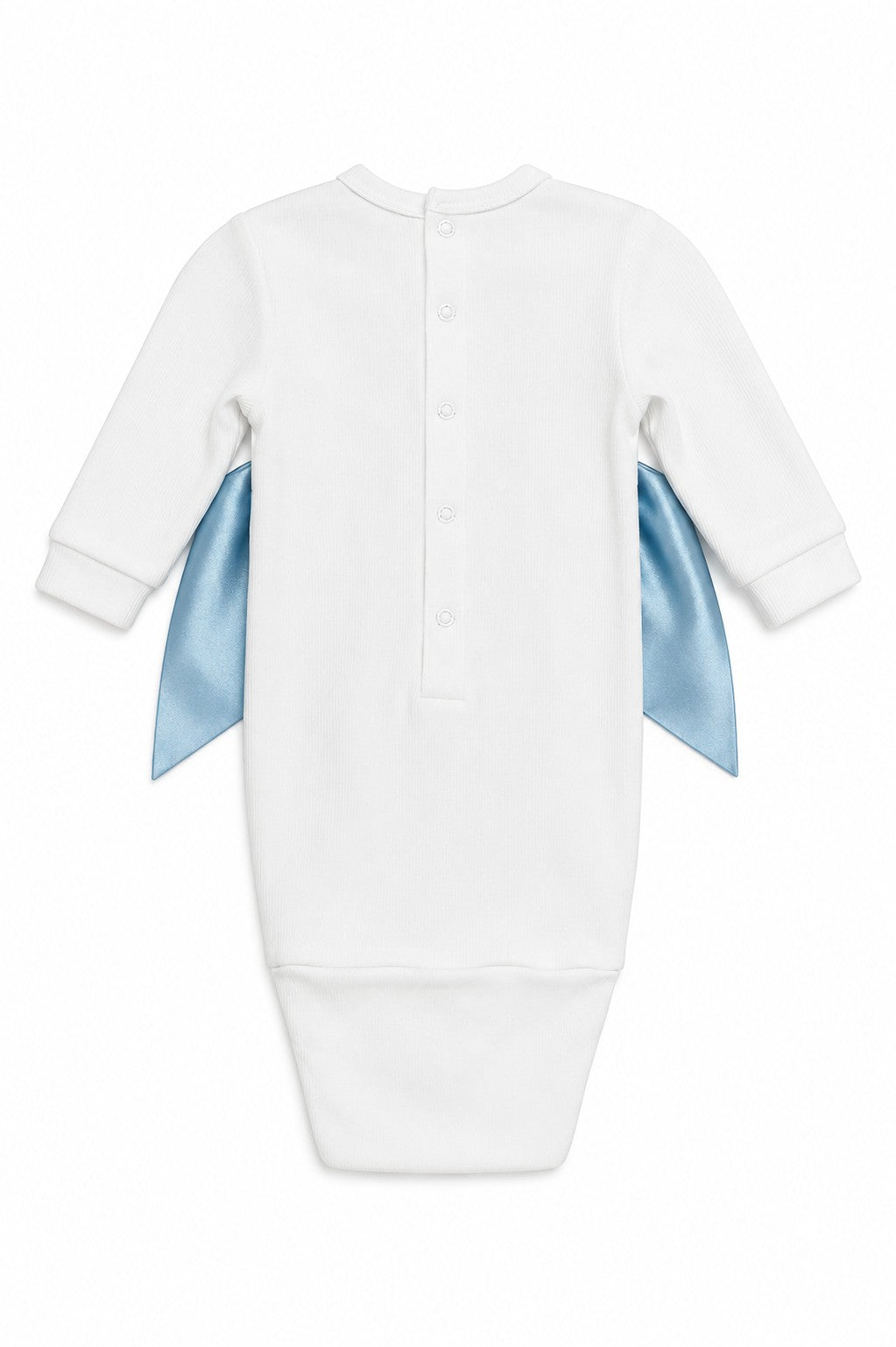 Carriage Boutique white ribbed newborn sleep sack with a shimmering blue satin bow on the back and snap button closure.